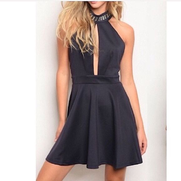 Women’s Midnight Grey Jewel Embellished Low Front & Open Back Halter Dress S/M/L - Picture 9 of 11